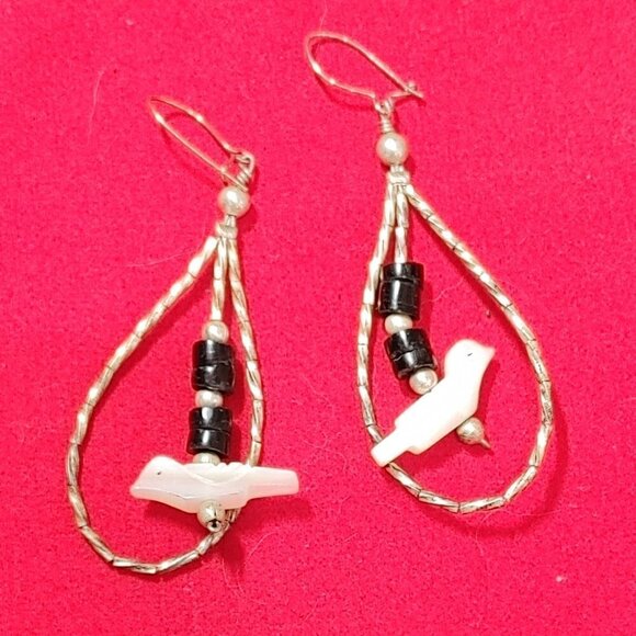 Native American Sterling Fetish Mother Of Pearl Birds Liquid Silver Hoop Earings - Picture 1 of 3